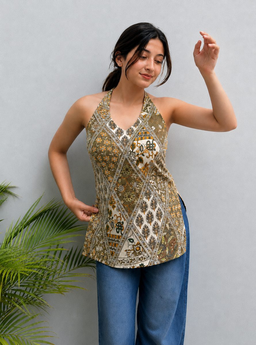 Olive Gold Diamond Print Halter Top
