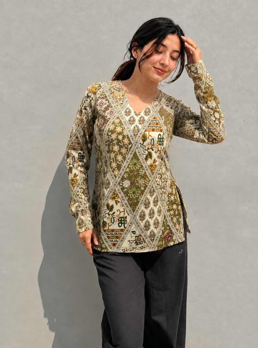 Olive Cream Patchwork Print Top