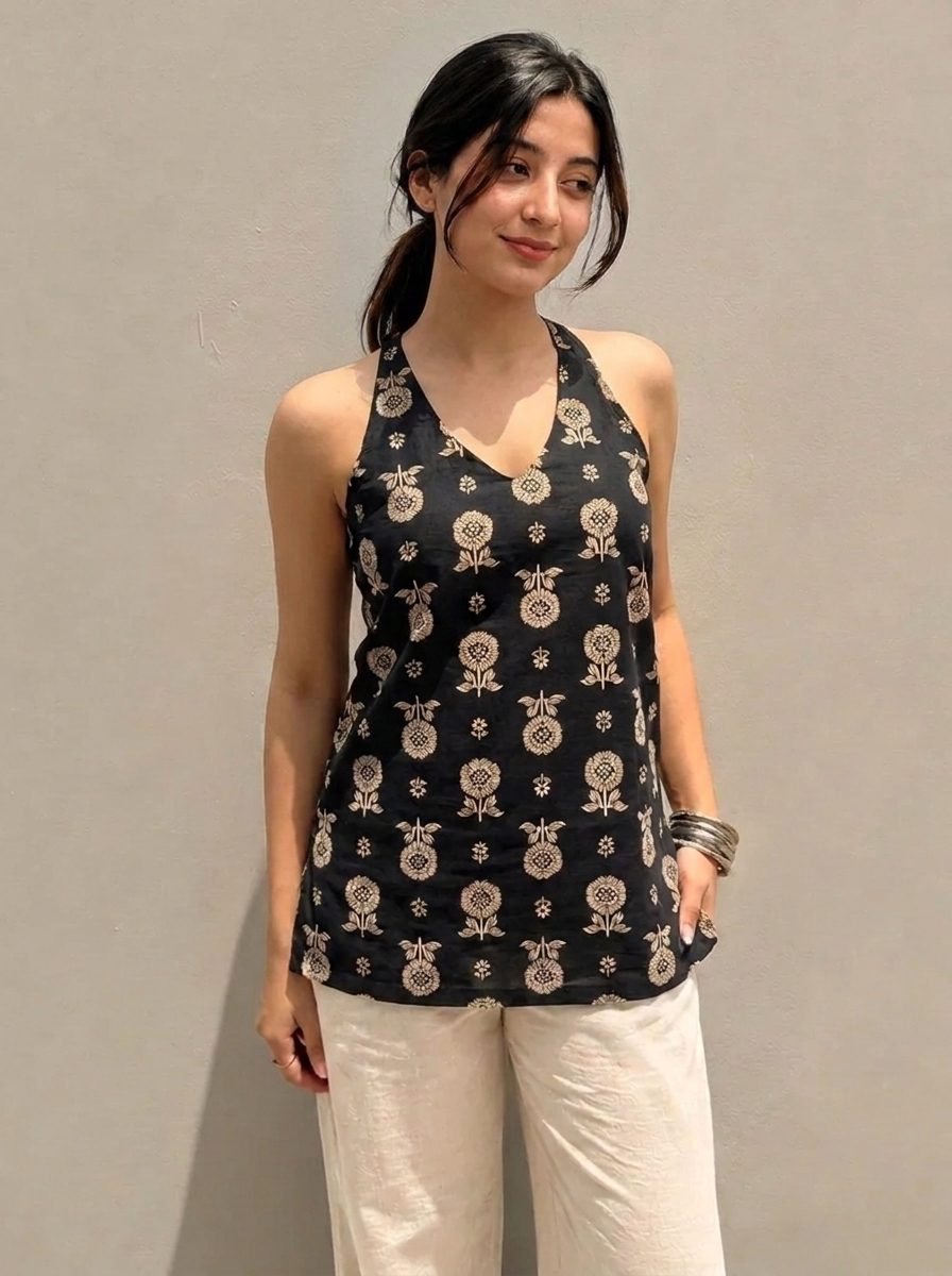 Black Floral Halter Top