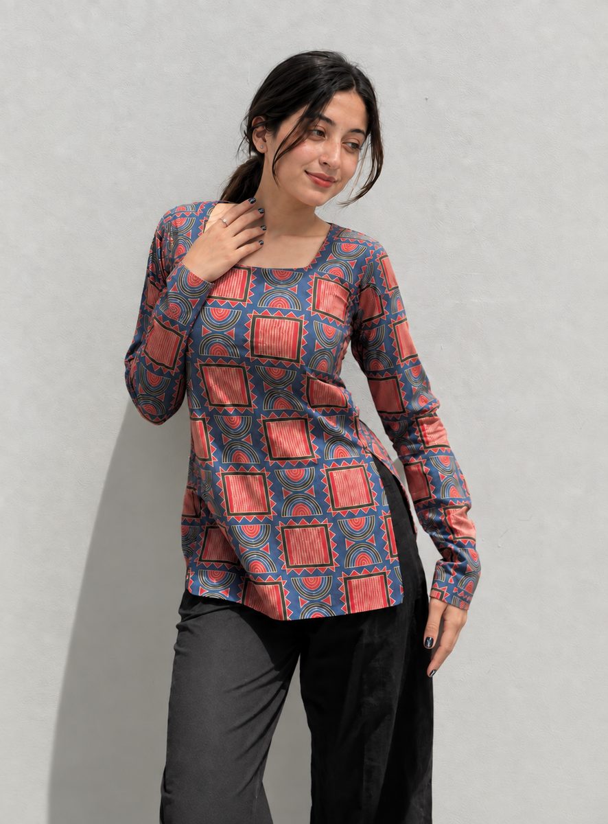 Blue Rust Geometric Print Top